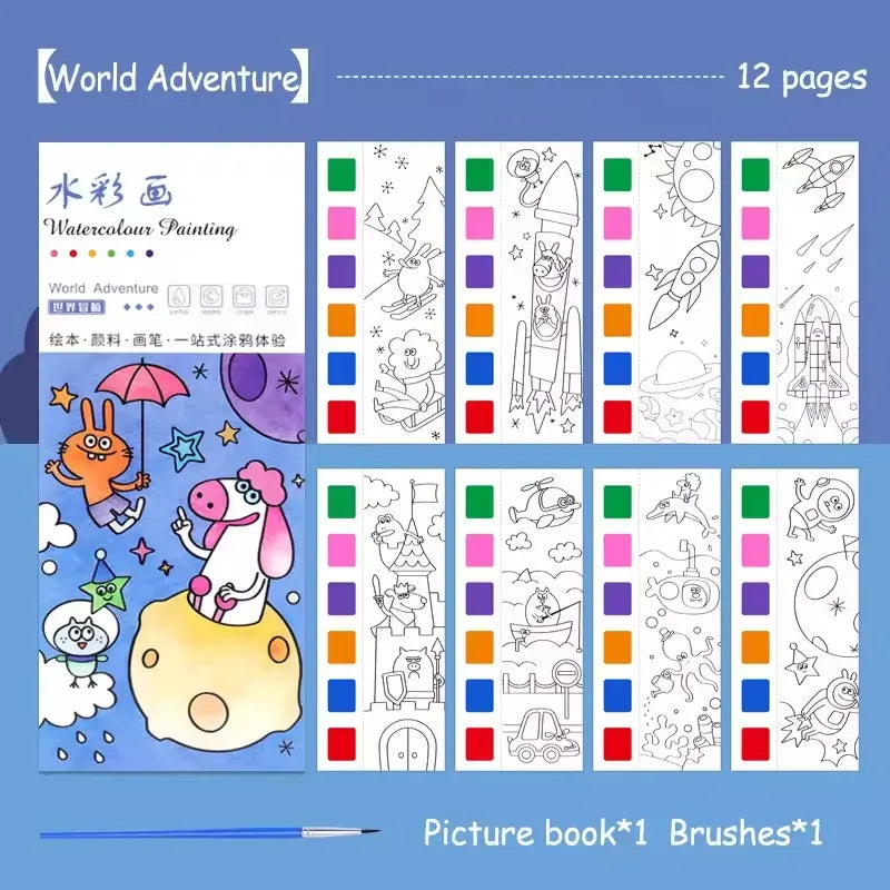 Magic Watercolor Coloring Book for Kids 12 Sheets Graffiti Painting Notebook with Paint Brush Water-Activated Gouache Drawing