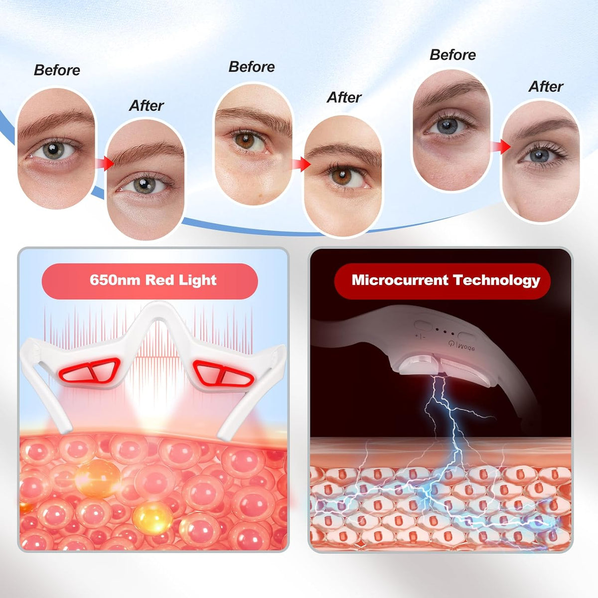 3D Wrap-Around Under-Eye Red Light Therapy Glasses, Adjustable Microcurrent Eye Massager for Dark Circles, Puffiness & Wrinkles, Rechargeable under Eyes Treatment for Women Eye Bags