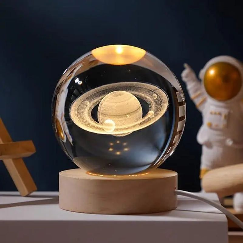 Glowing Crystal Ball 3D Inner Carved Small Crystal Ball Light with Wood Base, Decorative Creative Gift Luminous Crystal Ball for Christmas Classmates and Kids Birthday