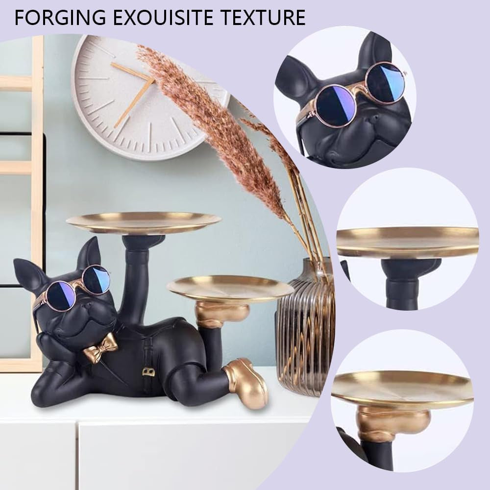 2-Pack Decorative Bulldog Key Tray – Modern Black French Bulldog Statue with Storage Dish for Keys, Coins, Jewelry, Phone – Entryway, Coffee Table, Home & Office Decor