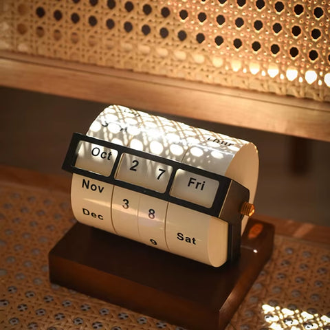 2025 Calendar Rotary Perpetual Desk Calendar Wooden Wheeling Calendar Month Week Day Date Display for Home Office Reusable