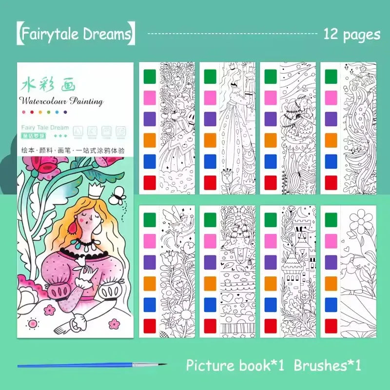 Magic Watercolor Coloring Book for Kids 12 Sheets Graffiti Painting Notebook with Paint Brush Water-Activated Gouache Drawing