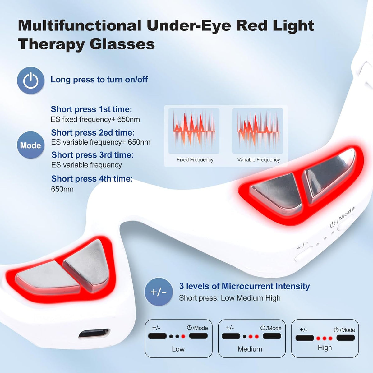 3D Wrap-Around Under-Eye Red Light Therapy Glasses, Adjustable Microcurrent Eye Massager for Dark Circles, Puffiness & Wrinkles, Rechargeable under Eyes Treatment for Women Eye Bags