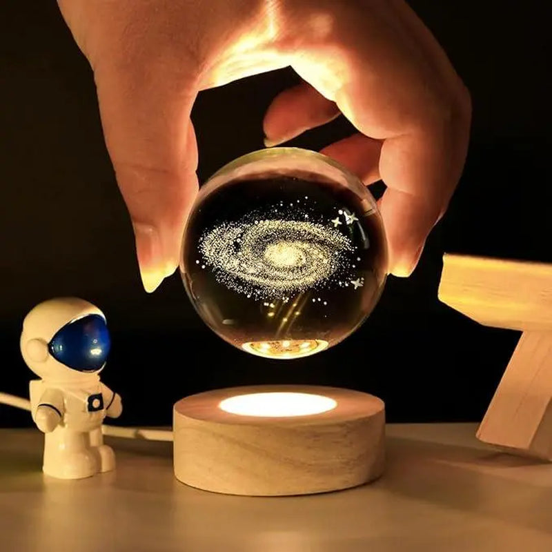 Glowing Crystal Ball 3D Inner Carved Small Crystal Ball Light with Wood Base, Decorative Creative Gift Luminous Crystal Ball for Christmas Classmates and Kids Birthday