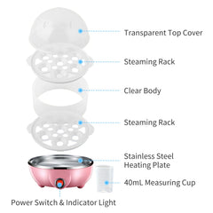 Double Layer Egg Cooker 14 Egg Capacity Hard Boiled Egg Cooker Anti-Dry Electric Egg Boiler with 40Ml Measuring Cup Steam