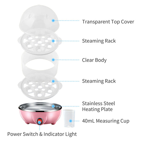 Double Layer Egg Cooker 14 Egg Capacity Hard Boiled Egg Cooker Anti-Dry Electric Egg Boiler with 40Ml Measuring Cup Steam
