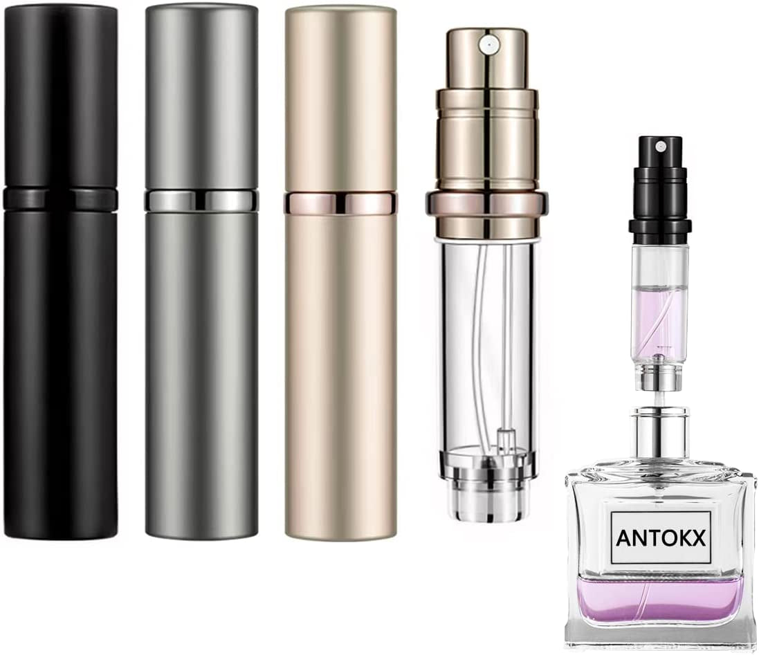 Travel Perfume Refillable Bottle Atomiser - 3-Pack 5ML  Perfume Atomiser, Pocket Perfume Dispenser, Scent Pump Case, Leakproof Portable Perfume Sprayer for Women and Men (Black & Grey & Gold)