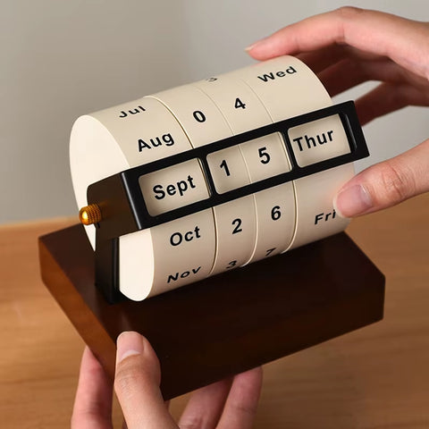 2025 Calendar Rotary Perpetual Desk Calendar Wooden Wheeling Calendar Month Week Day Date Display for Home Office Reusable