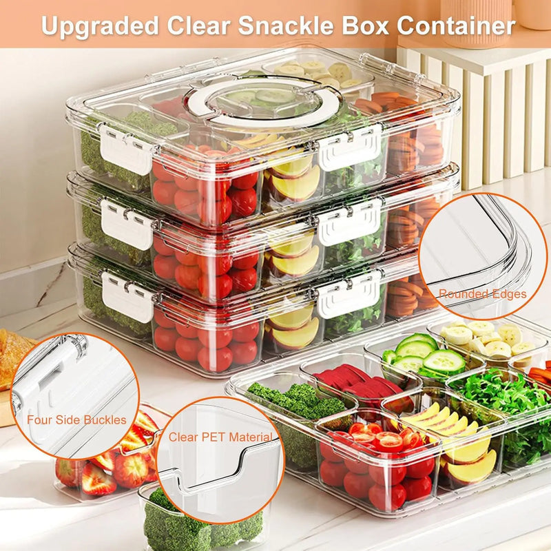 New Style Veggie Tray with Lid Handle Divided Serving Tray Snack Spinner Portable Snackle Box for Candy Fruits Nuts Clear Fridge