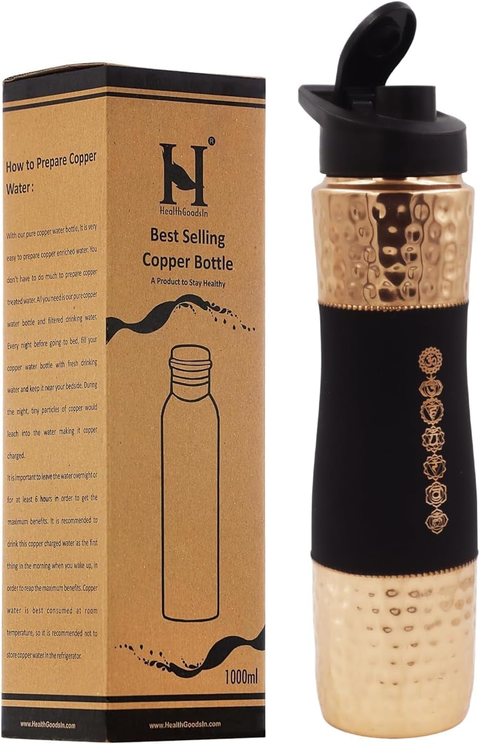 Pure Copper Water Bottle with Sipper, 1000 Ml Capacity for Ayurveda Health Benefits - 7 Chakras Engraved