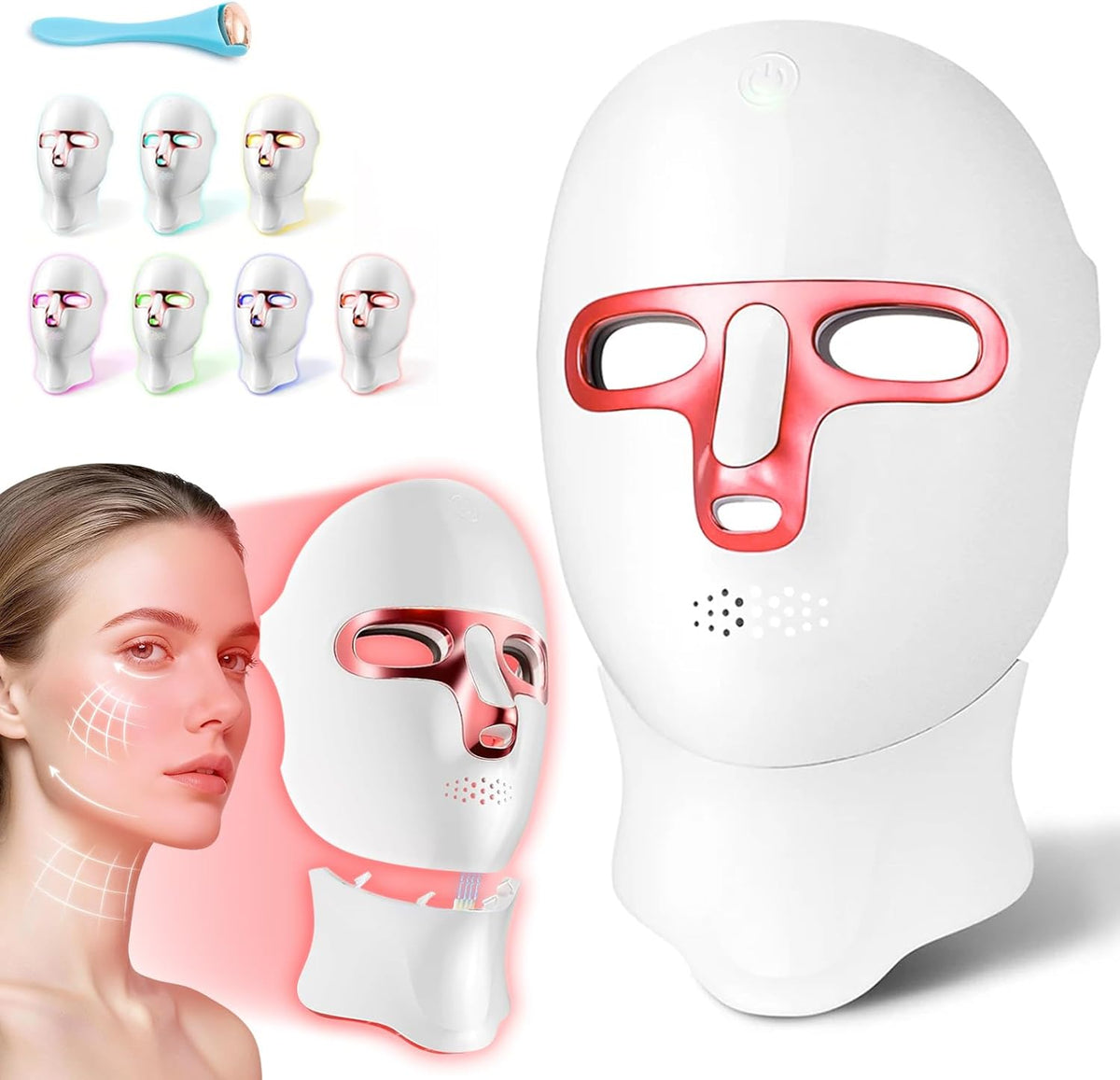 LED Face Mask Light Therapy for Face and Neck 270 + 90 LED Beads 7 Color Light Therapy Mask Red Light Therapy Face Mask for Skin Rejuvenation Anti-Aging Wrinkles Tightening Facial Skin Care Device