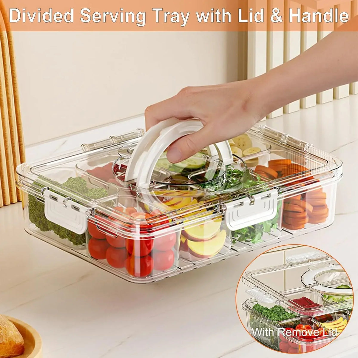 New Style Veggie Tray with Lid Handle Divided Serving Tray Snack Spinner Portable Snackle Box for Candy Fruits Nuts Clear Fridge