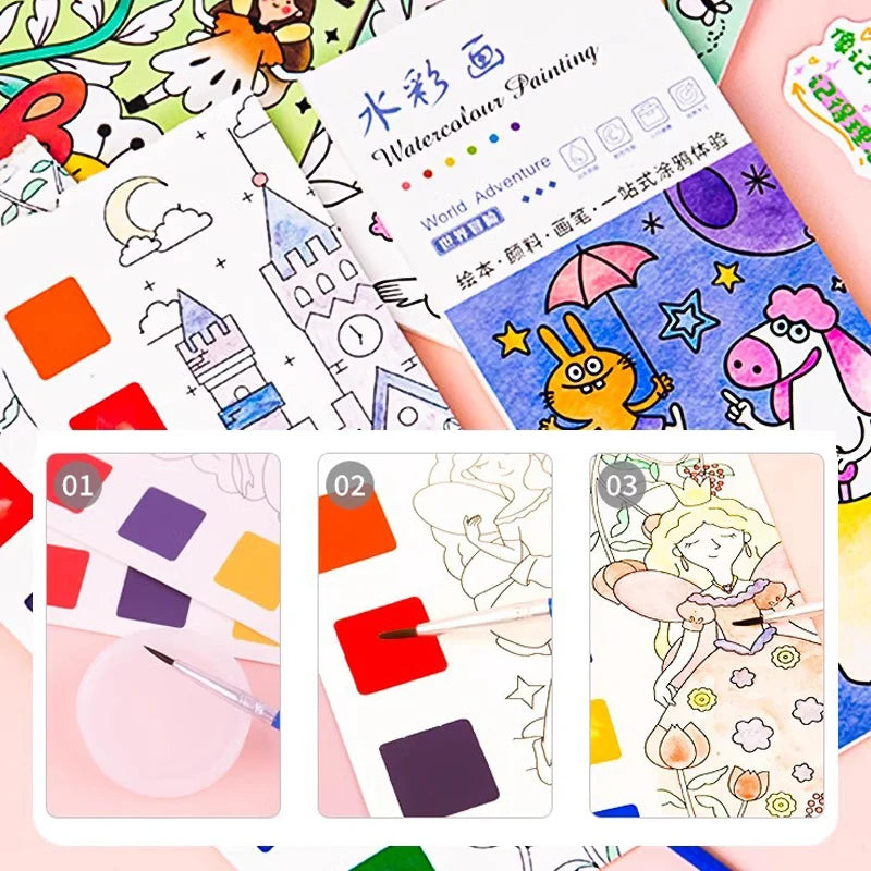 Magic Watercolor Coloring Book for Kids 12 Sheets Graffiti Painting Notebook with Paint Brush Water-Activated Gouache Drawing