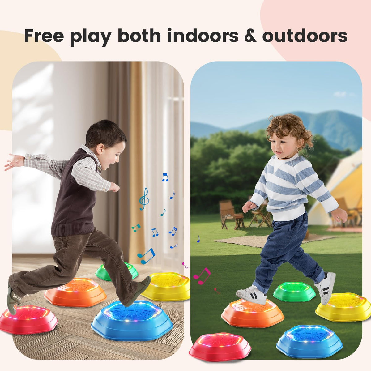 Light-Up Musical Stepping Stones for Kids, 5-Piece Set, Non-Slip Sensory Balance Stones for Toddlers, Indoor & Outdoor Play, Perfect for Ages 3+