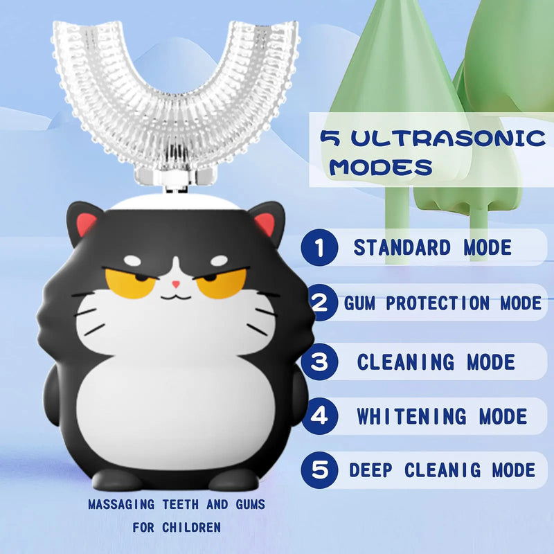 Kids Electric U-Shaped Toothbrsh - Cat Cartoon Sonic Atomatic Toothbrsh, 4-Head Fll Moth 6-Speed Cleaning Mode, Sitable for 2-15 Years Old Rechargeable Electronic Toothbrushes