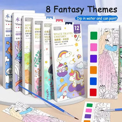 Magic Watercolor Coloring Book for Kids 12 Sheets Graffiti Painting Notebook with Paint Brush Water-Activated Gouache Drawing