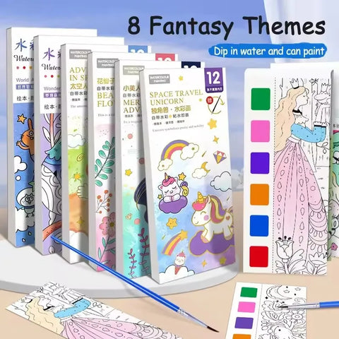 Magic Watercolor Coloring Book for Kids 12 Sheets Graffiti Painting Notebook with Paint Brush Water-Activated Gouache Drawing