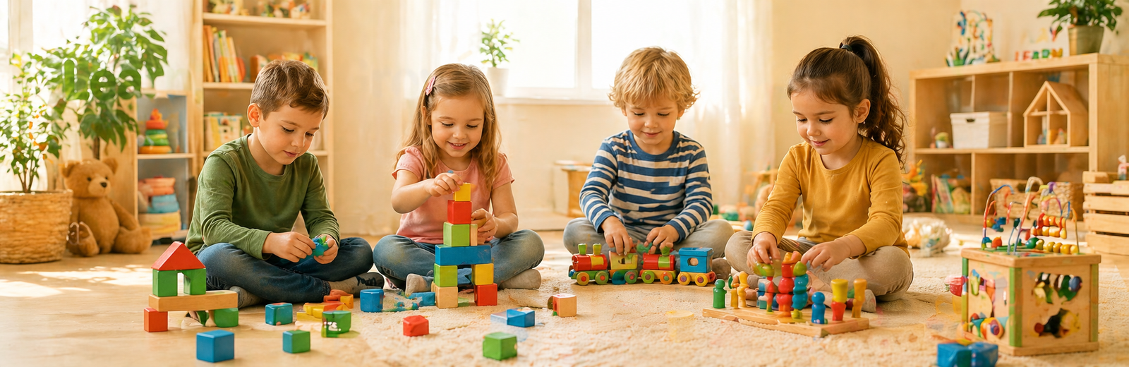 Children playing with colorful building blocks in a bright, organized room.