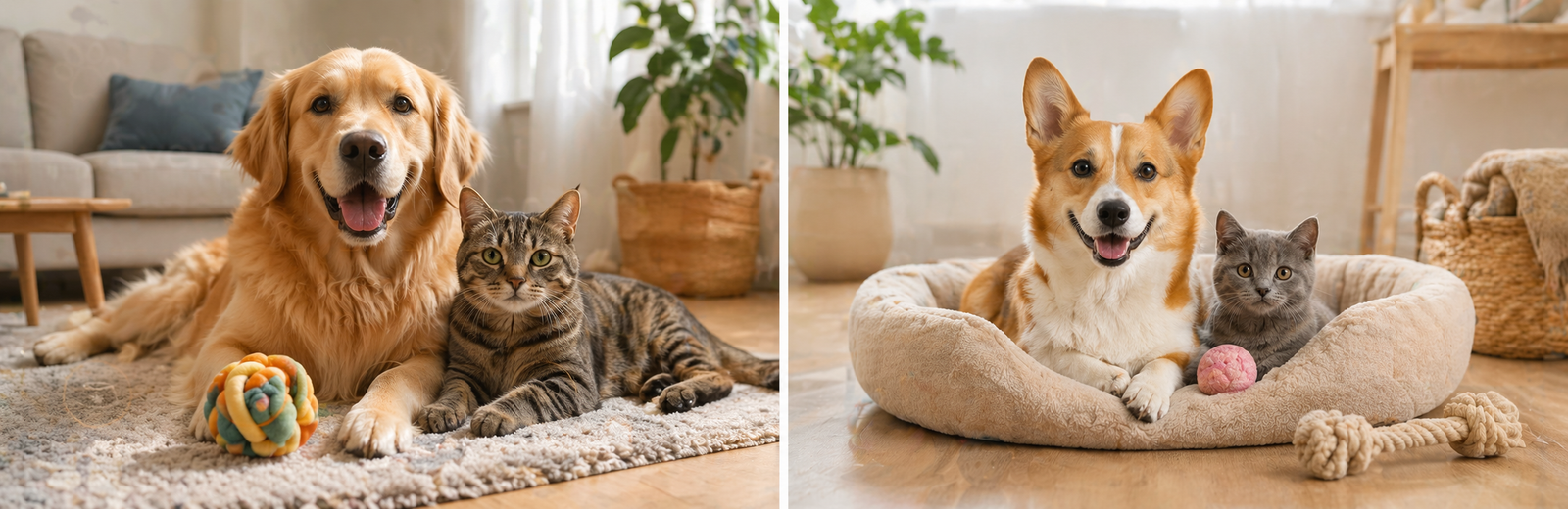 Two images showing a dog and cat together on a rug and a pet bed with toys.