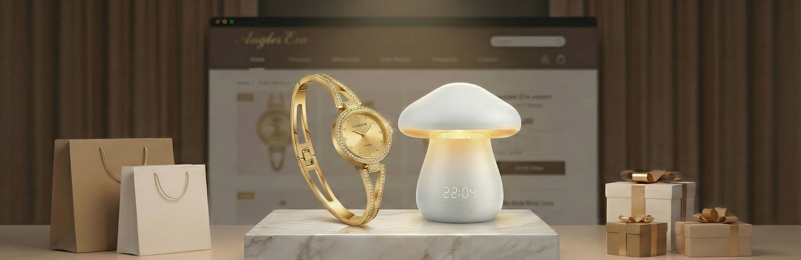 Gold bracelet on a white mushroom-shaped lamp with gift boxes and bags in the background.